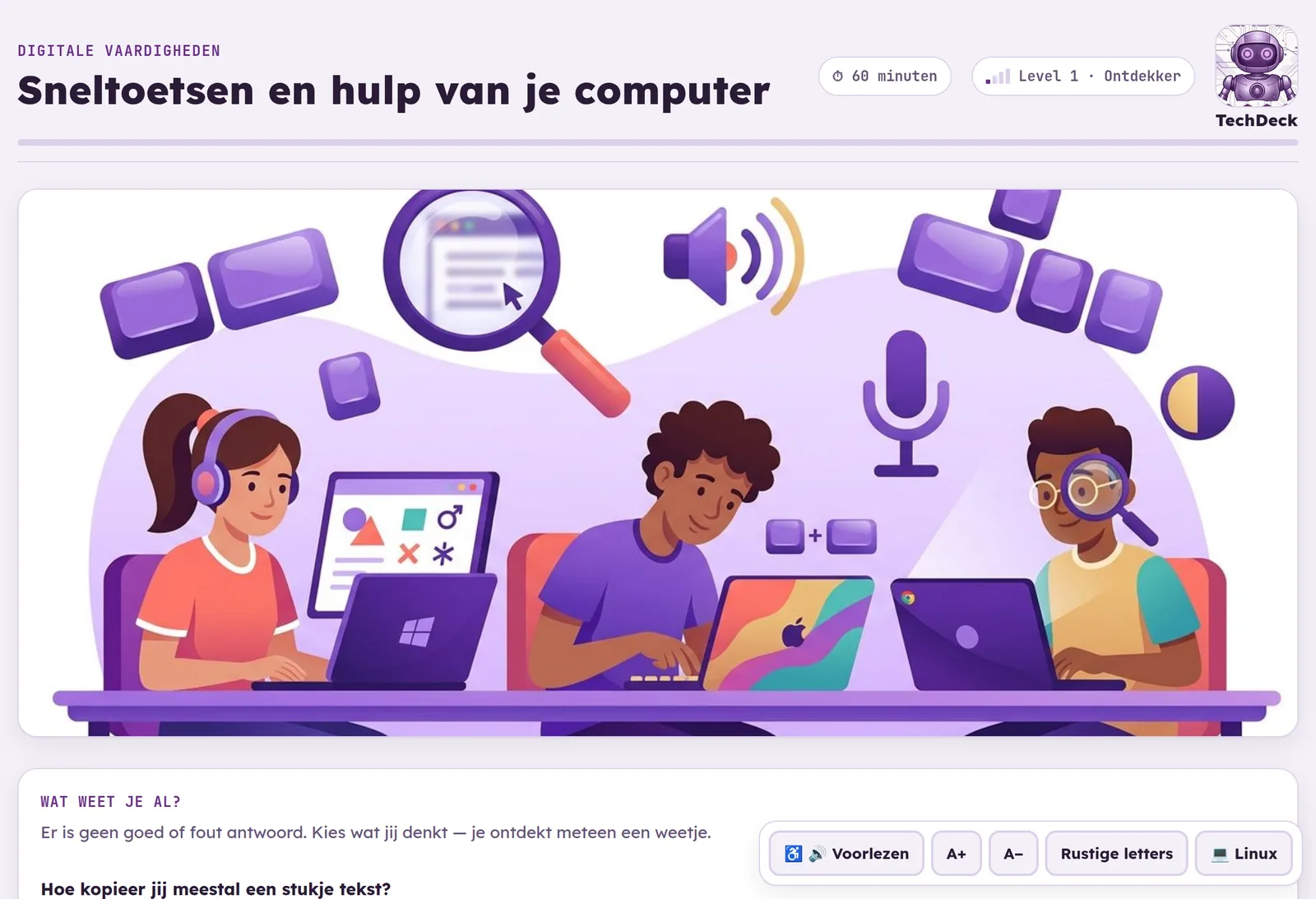 Het begin van de TechDeck-les Sneltoetsen en hulp van je computer, met titel, duur, level en een illustratie.